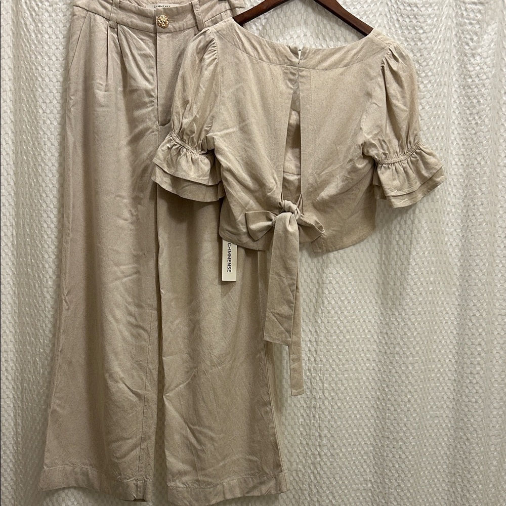Commense Cotton & Linen Puff-Sleeves Bow-Back Top and Pants Set XS - Picture 5 of 7